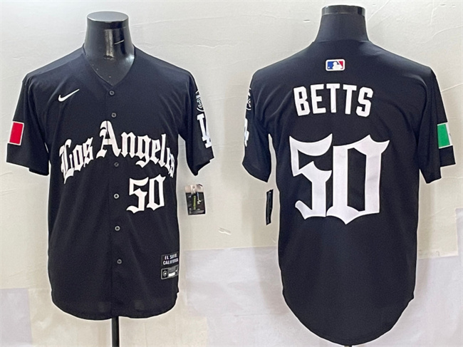 Men's Los Angeles Dodgers #50 Mookie Betts Black Mexico 2025 LA Gothic Style With Fernando Patch Vapor Premier Limited Stitched Baseball Jersey Men's Los Angeles Dodgers #50 Mookie Betts Black Mexico 2025 LA Gothic Style With Fernando Patch Vapor Premier Limited Stitched Baseball Jersey