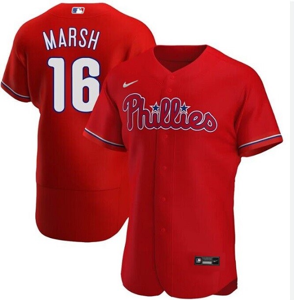 Men's Philadelphia Phillies #16 Brandon Marsh Red Flex Base Stitched Baseball Jersey Men's Philadelphia Phillies #16 Brandon Marsh Red Flex Base Stitched Baseball Jersey