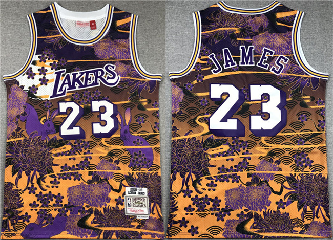 Men's Los Angeles Lakers #23 LeBron James Purple/Yellow Throwback basketball Jersey Men's Los Angeles Lakers #23 LeBron James Purple/Yellow Throwback basketball Jersey