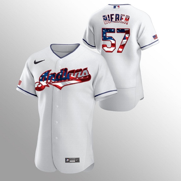 Men's Cleveland Indians #57 Shane Bieber White 2020 Stars & Stripes Flex Base Stitched Jersey Men's Cleveland Indians #57 Shane Bieber White 2020 Stars & Stripes Flex Base Stitched Jersey