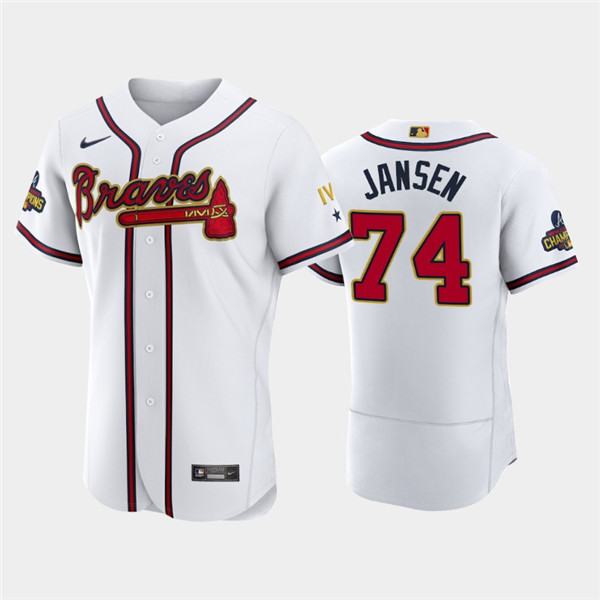 Men's Atlanta Braves #74 Kenley Jansen 2022 White/Gold World Series Champions Program Flex Base Stitched Baseball Jersey Men's Atlanta Braves #74 Kenley Jansen 2022 White/Gold World Series Champions Program Flex Base Stitched Baseball Jersey
