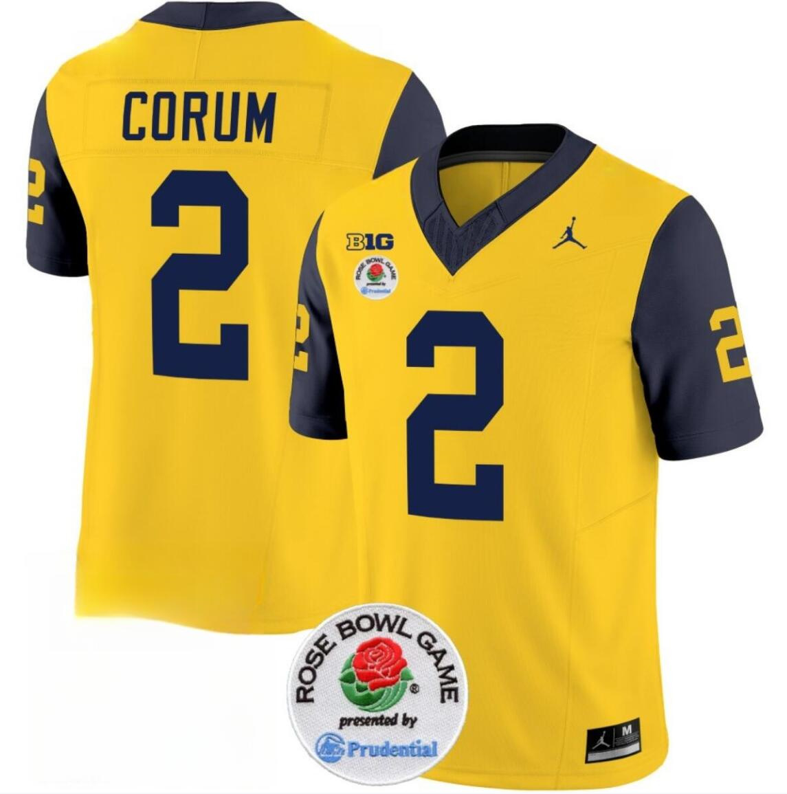 Men's Michigan Wolverines #2 Blake Corum 2023 F.U.S.E. Yellow/Navy Rose Bowl Patch Stitched Jersey Men's Michigan Wolverines #2 Blake Corum 2023 F.U.S.E. Yellow/Navy Rose Bowl Patch Stitched Jersey