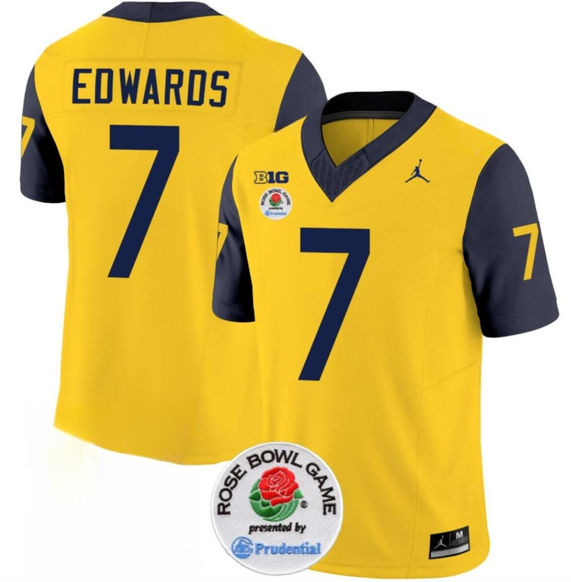 Men's Michigan Wolverines #7 Donovan Edwards 2023 F.U.S.E. Yellow/Navy Rose Bowl Patch Stitched Jersey Men's Michigan Wolverines #7 Donovan Edwards 2023 F.U.S.E. Yellow/Navy Rose Bowl Patch Stitched Jersey