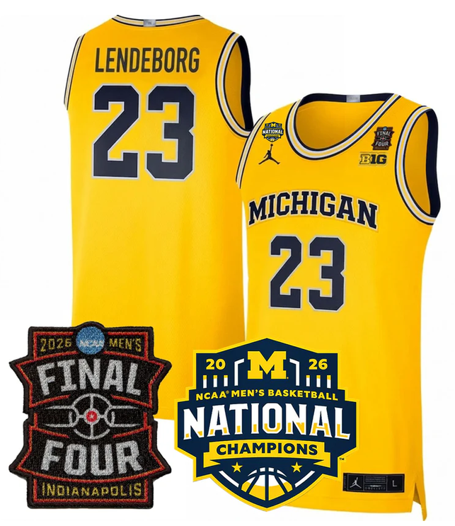 Men's Michigan Wolverines #23 Yaxel Lendeborg Yellow 2025/26 Final Four & National Champions Patch Stitched Basketball Jersey