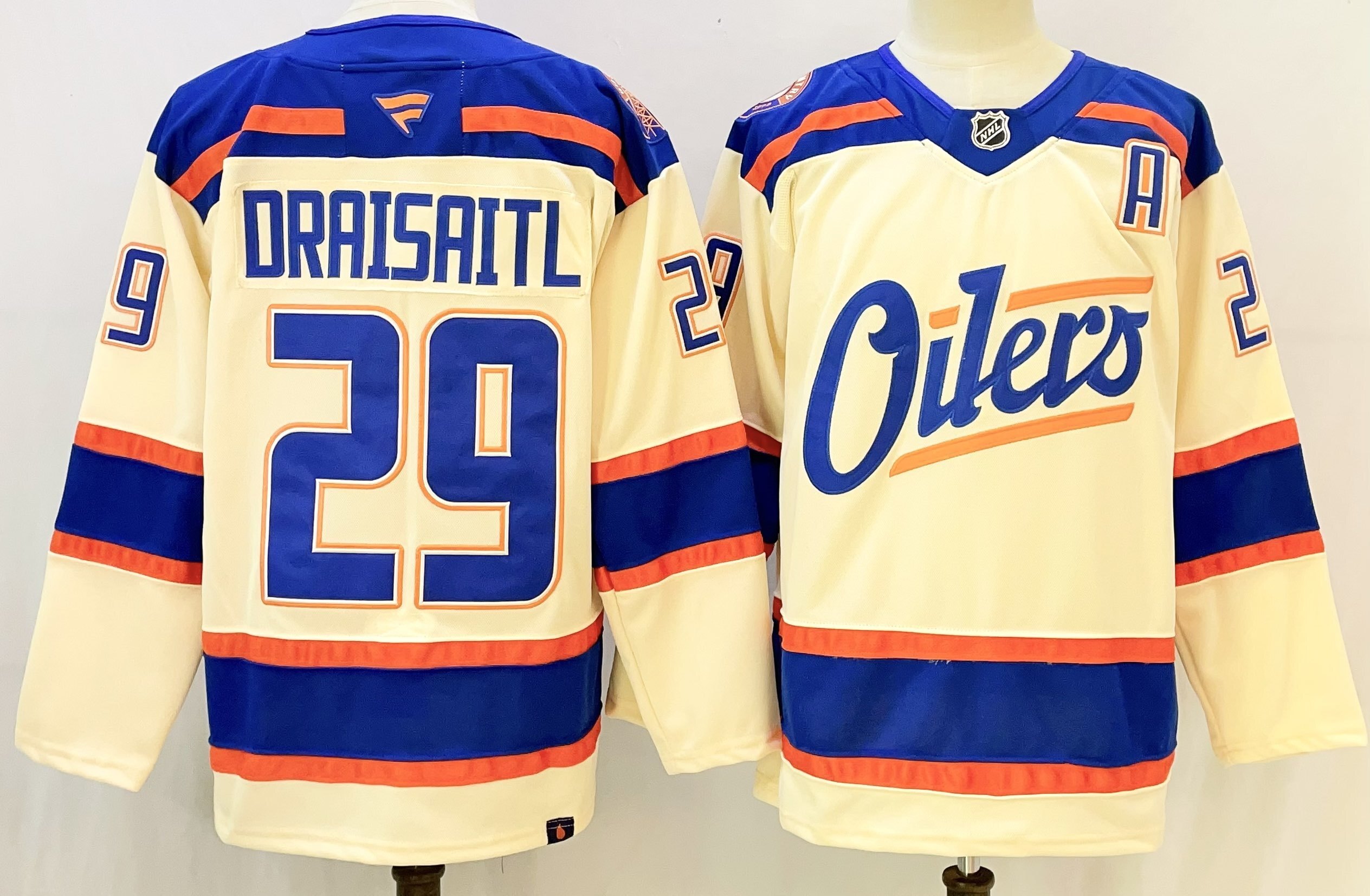 Men's Edmonton Oilers #29 Leon Draisaitl Light Beige Alternate With A Patch Stitched Hockey Jersey Men's Edmonton Oilers #29 Leon Draisaitl Light Beige Alternate With A Patch Stitched Hockey Jersey