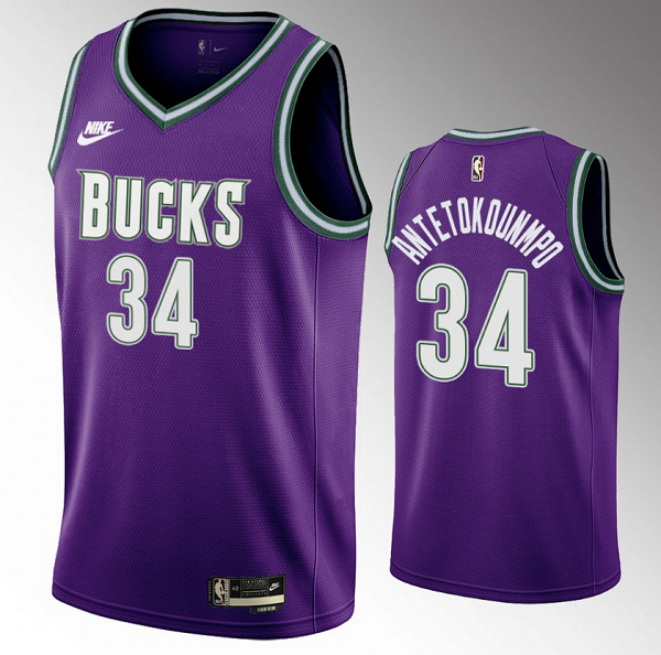 Men's Milwaukee Bucks #34 Giannis Antetokounmpo 2022/23 Purple Classic Edition Swingman Stitched Basketball Jersey Men's Milwaukee Bucks #34 Giannis Antetokounmpo 2022/23 Purple Classic Edition Swingman Stitched Basketball Jersey
