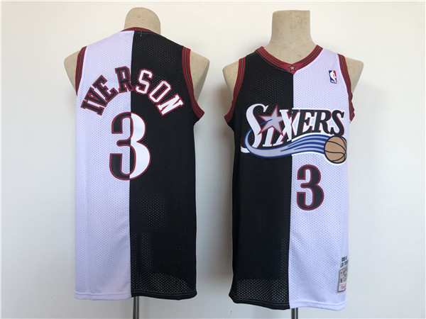 Men's Philadelphia 76ers #3 Allen Iverson White/Black Splite Throwback basketball Jersey Men's Philadelphia 76ers #3 Allen Iverson White/Black Splite Throwback basketball Jersey
