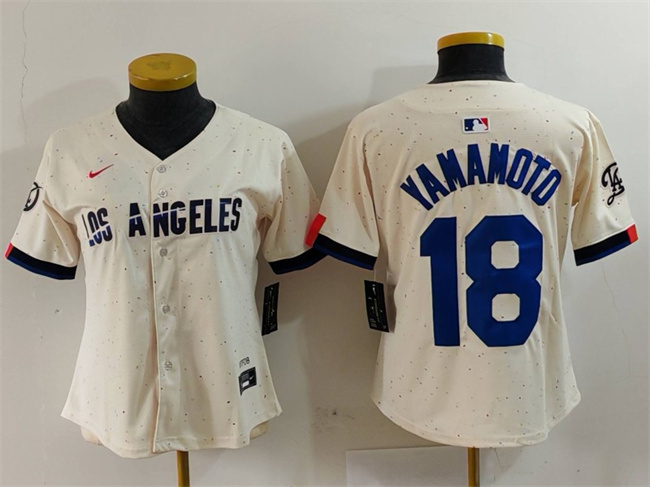 Women's Los Angeles Dodgers #18 Yoshinobu Yamamoto Cream Stitched Jersey(Run Small) Women's Los Angeles Dodgers #18 Yoshinobu Yamamoto Cream Stitched Jersey(Run Small)