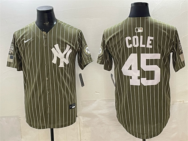 Men's New York Yankees #45 Gerrit Cole Olive 2026 Armed Forces Day Salute To Service Stitched Baseball Jersey
