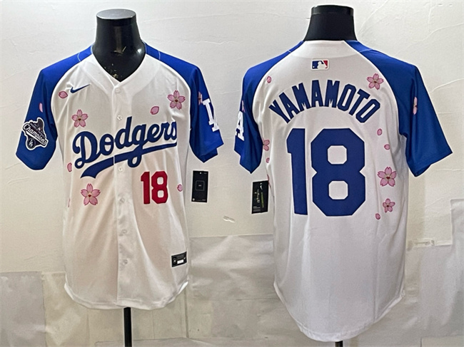 Men's Los Angeles Dodgers #18 Yoshinobu Yamamoto White/Royal 2025 World Series Champions Patch Tokyo Series Limited Stitched Baseball Jersey Men's Los Angeles Dodgers #18 Yoshinobu Yamamoto White/Royal 2025 World Series Champions Patch Tokyo Series Limited Stitched Baseball Jersey