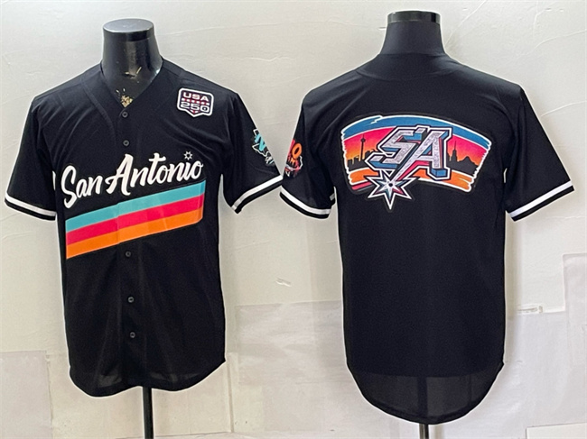 Men's San Antonio Spurs Team Big Logo Black USA 250' Patch City Edition Stitched Baseball Jersey