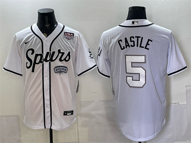 Men's San Antonio Spurs #5 Stephon Castle White USA 250' Patch Stitched Baseball Jersey Men's San Antonio Spurs #5 Stephon Castle White USA 250' Patch Stitched Baseball Jersey