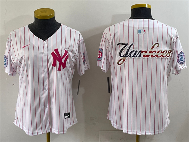 Youth New York Yankees Team Big Logo White/Pink Pinstripe Limited Stitched Baseball Jersey 001