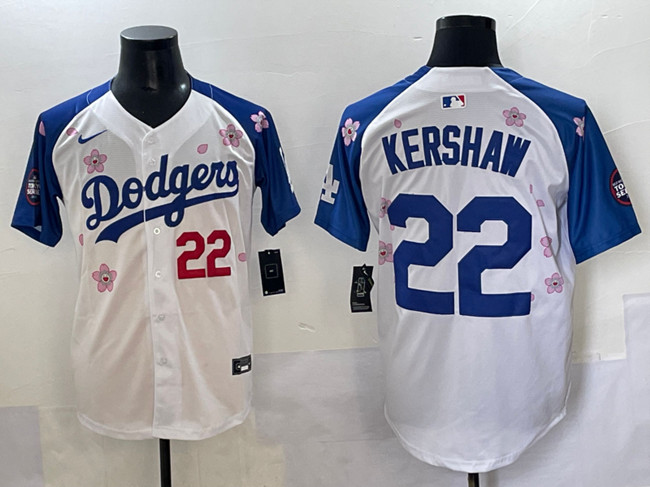 Men's Los Angeles Dodgers #22 Clayton Kershaw White/Royal 2025 Tokyo Series Limited Stitched Baseball Jersey Men's Los Angeles Dodgers #22 Clayton Kershaw White/Royal 2025 Tokyo Series Limited Stitched Baseball Jersey