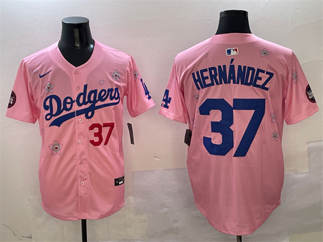 Men's Los Angeles Dodgers #37 Teoscar Hernández Pink 2025 Tokyo Series Limited Stitched Baseball Jersey Men's Los Angeles Dodgers #37 Teoscar Hernández Pink 2025 Tokyo Series Limited Stitched Baseball Jersey