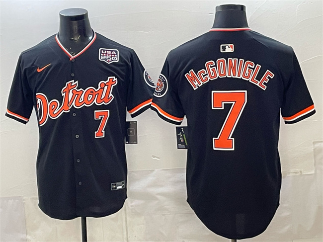 Men's Detroit Tigers #7 Kevin McGonigle Black 2026 Alternate USA 250' Patch Vapor Premier Limited Stitched Baseball Jersey Men's Detroit Tigers #7 Kevin McGonigle Black 2026 Alternate USA 250' Patch Vapor Premier Limited Stitched Baseball Jersey