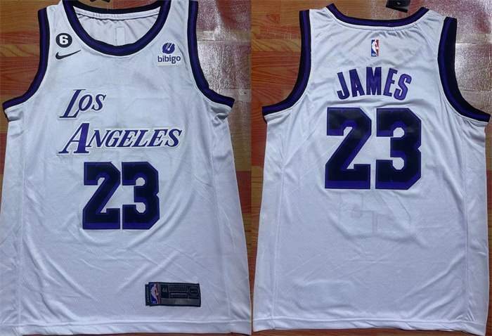 Men's Los Angeles Lakers #23 LeBron James 2022/23 White With NO.6 Patch Stitched Basketball Jersey Men's Los Angeles Lakers #23 LeBron James 2022/23 White With NO.6 Patch Stitched Basketball Jersey