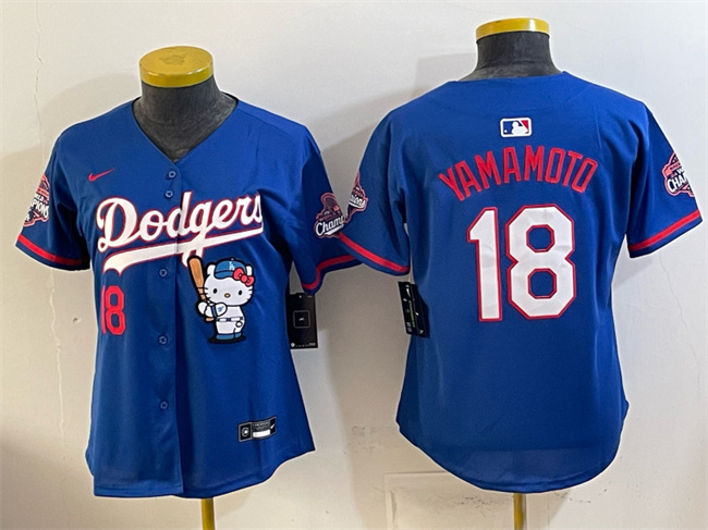 Women's Los Angeles Dodgers #18 Yoshinobu Yamamoto Royal Hello Kitty Night 2025 World Series Champions Patch Stitched Baseball Jersey(Run Small)