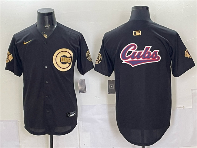 Men's Chicago Cubs Team Big Logo Black/Gold 150th Anniversary Patch Stitched Baseball Jersey