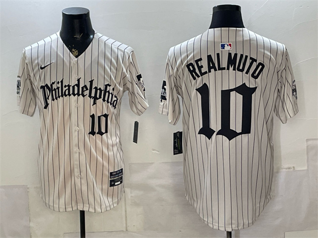 Men's Philadelphia Phillies #10 J.T. Realmuto Cream Pinstripe Gothic Vapor Limited Stitched Jersey