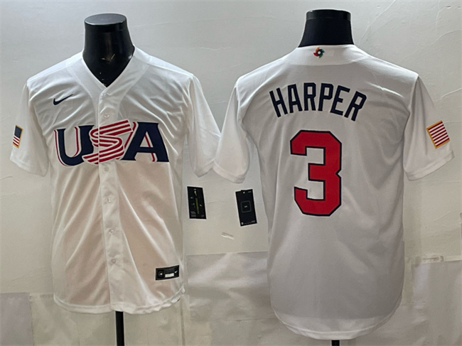 Youth USA Baseball #3 Bryce Harper White World Baseball Classic Stitched Jersey