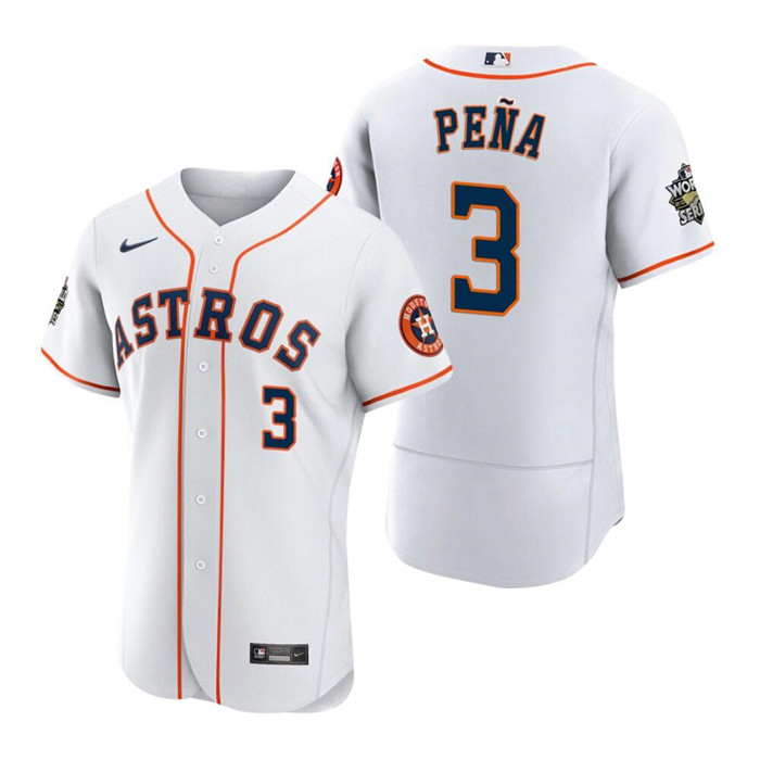 Men's Houston Astros #3 Jeremy Peña White 2022 World Series Flex Base Stitched Baseball Jersey Men's Houston Astros #3 Jeremy Peña White 2022 World Series Flex Base Stitched Baseball Jersey
