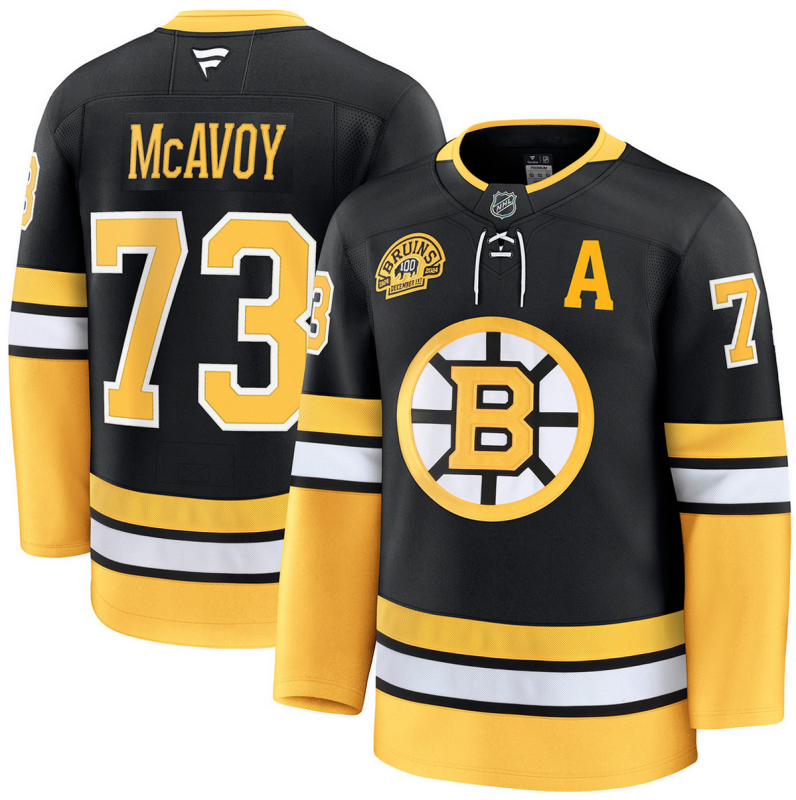 Men's Boston Bruins #73 Charlie McAvoy Black 100th Anniversary Stitched Hockey Jersey