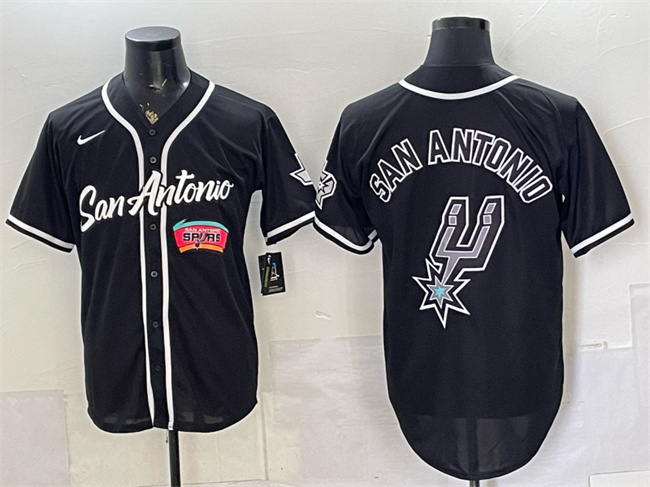 Men's San Antonio Spurs Team Big Logo Black Stitched Baseball Jersey