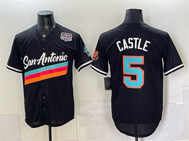 Men's San Antonio Spurs #5 Stephon Castle Black USA 250' Patch City Edition Stitched Baseball Jersey Men's San Antonio Spurs #5 Stephon Castle Black USA 250' Patch City Edition Stitched Baseball Jersey