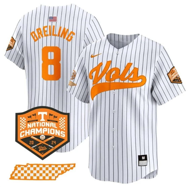 Men's Tennessee Volunteers #8 Dylan Dreiling White 2024 Champions Vapor Limited Stitched Jersey Men's Tennessee Volunteers #8 Dylan Dreiling White 2024 Champions Vapor Limited Stitched Jersey
