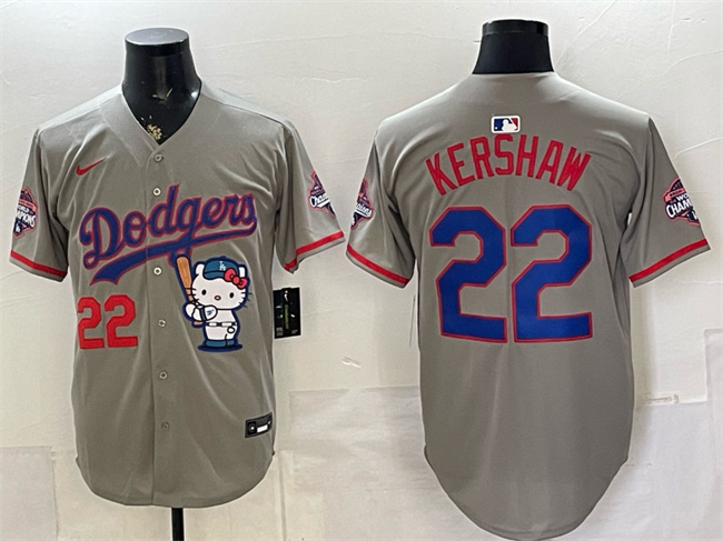 Men's Los Angeles Dodgers #22 Clayton Kershaw Grey Hello Kitty Night 2025 World Series Champions Patch Stitched Baseball Jersey Men's Los Angeles Dodgers #22 Clayton Kershaw Grey Hello Kitty Night 2025 World Series Champions Patch Stitched Baseball Jersey