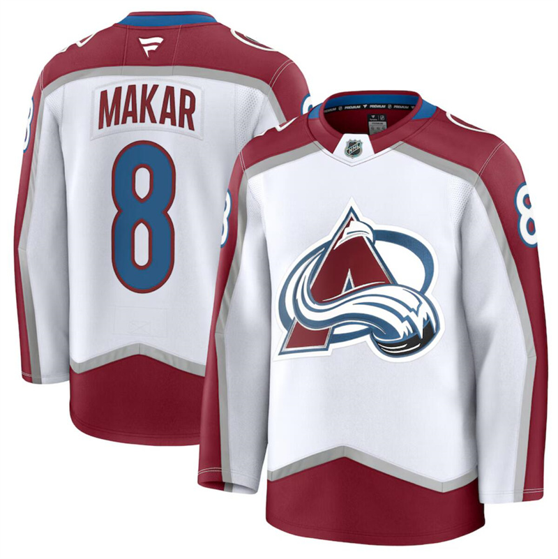 Men's Colorado Avalanche #8 Cale Makar White 2024-25 Away Stitched Jersey Men's Colorado Avalanche #8 Cale Makar White 2024-25 Away Stitched Jersey