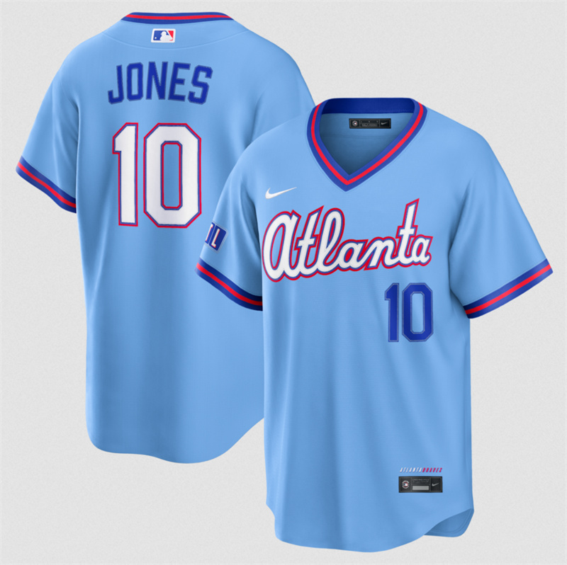 Men's Atlanta Braves #10 Chipper Jones Powder Blue 2026 City Connect Stadium Stitched Baseball Jersey