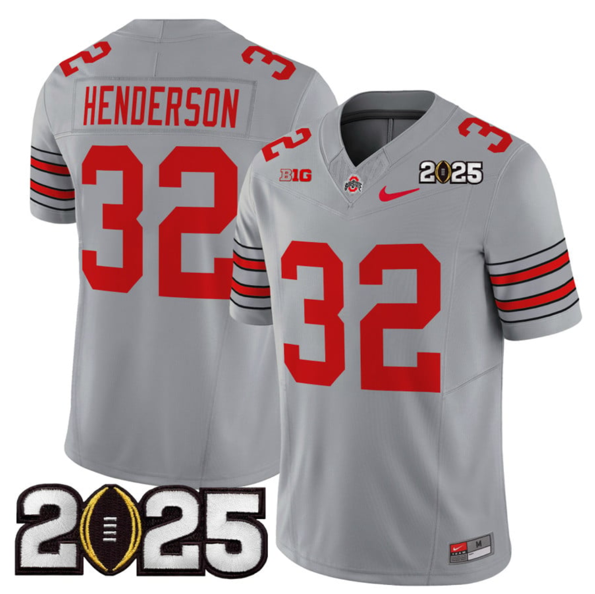 Men's Ohio State Buckeyes #32 TreVeyon Henderson Grey 2025 CFP Final Patch F.U.S.E. Vapor Limited Stitched Football Jersey Men's Ohio State Buckeyes #32 TreVeyon Henderson Grey 2025 CFP Final Patch F.U.S.E. Vapor Limited Stitched Football Jersey