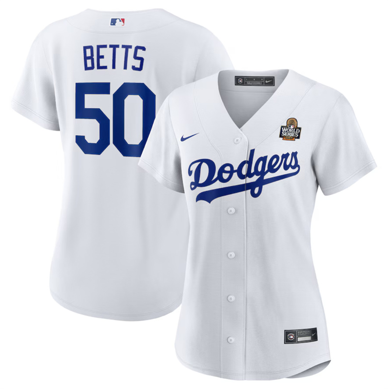 Women's Los Angeles Dodgers #50 Mookie Betts White 2024 World Series Cool Base Stitched Baseball Jersey(Run Small) Women's Los Angeles Dodgers #50 Mookie Betts White 2024 World Series Cool Base Stitched Baseball Jersey(Run Small)