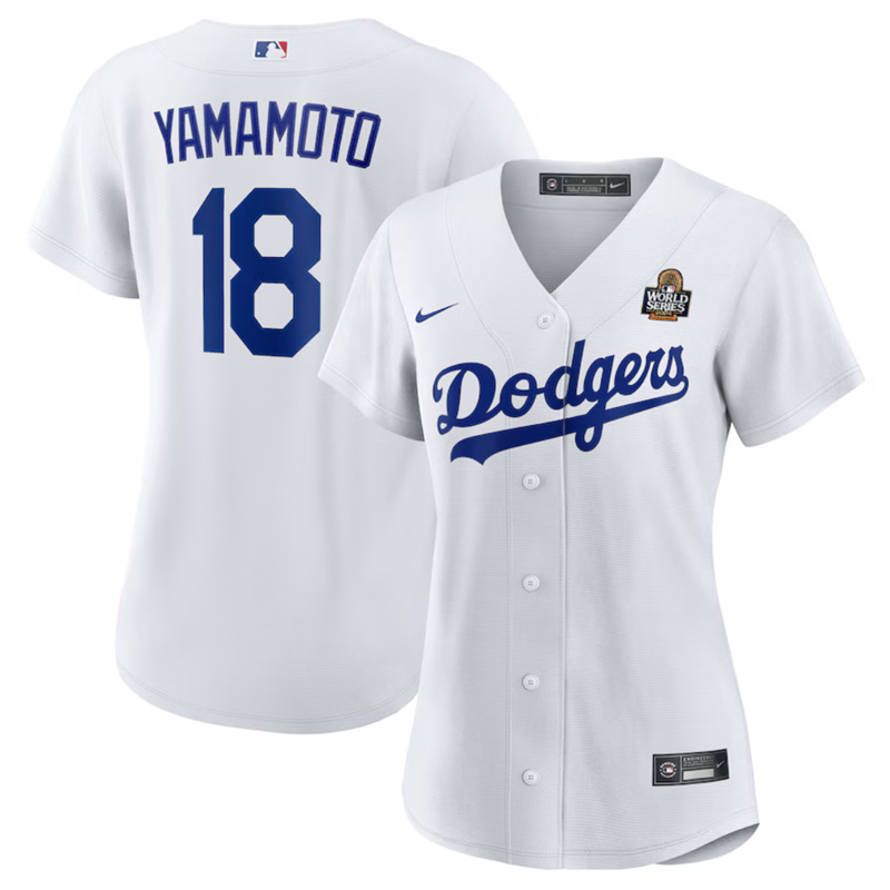 Women's Los Angeles Dodgers #18 Yoshinobu Yamamoto White 2024 World Series Cool Base Stitched Baseball Jersey(Run Small) Women's Los Angeles Dodgers #18 Yoshinobu Yamamoto White 2024 World Series Cool Base Stitched Baseball Jersey(Run Small)