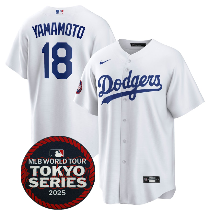 Men's Los Angeles Dodgers #18 Yoshinobu Yamamoto White 2025 World Tour: Tokyo Series Home Stitched Baseball Jersey