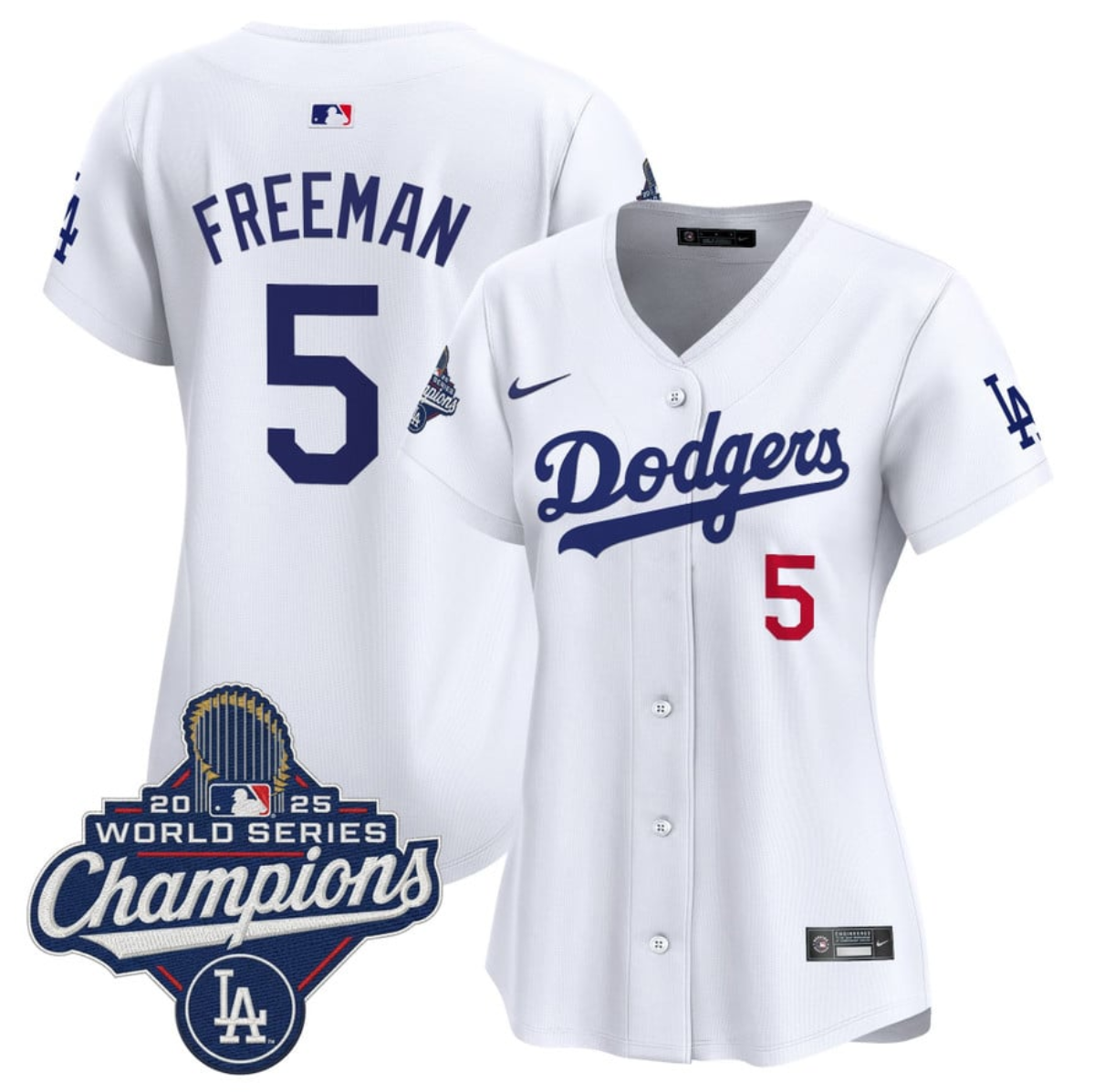 Women's Los Angeles Dodgers #5 Freddie Freeman White 2025 World Series Champions Home Cool Base Stitched Baseball Jersey(Run Small)