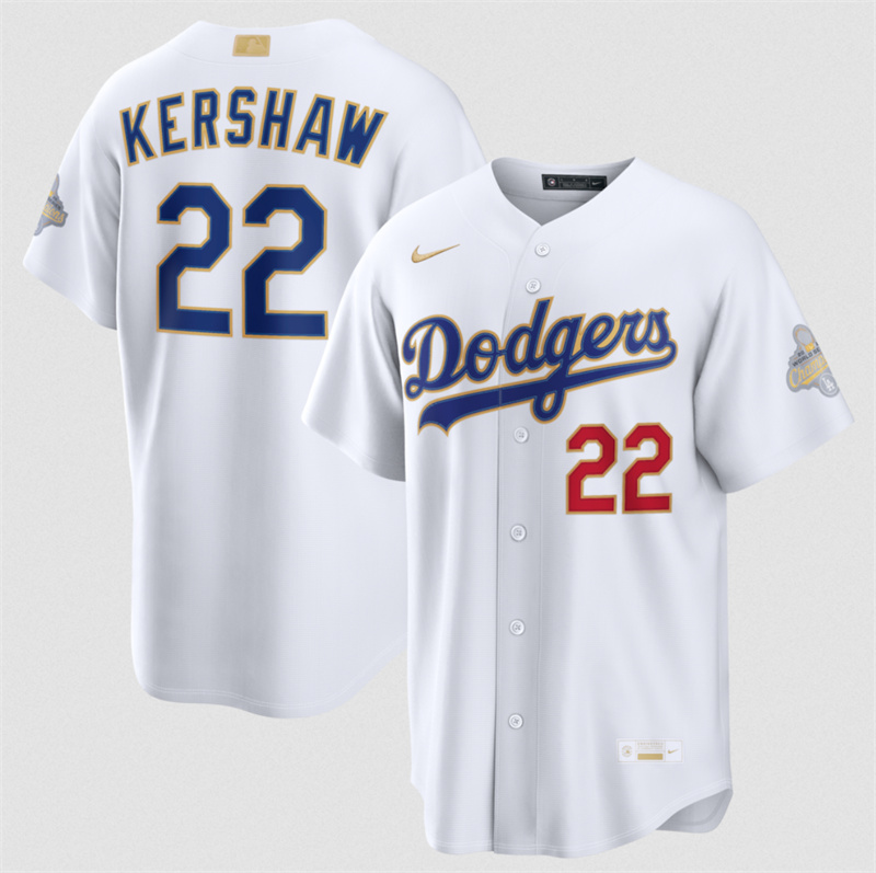 Men's Los Angeles Dodgers #22 Clayton Kershaw White 2026 Gold Collection Stadium Stitched Baseball Jersey Men's Los Angeles Dodgers #22 Clayton Kershaw White 2026 Gold Collection Stadium Stitched Baseball Jersey