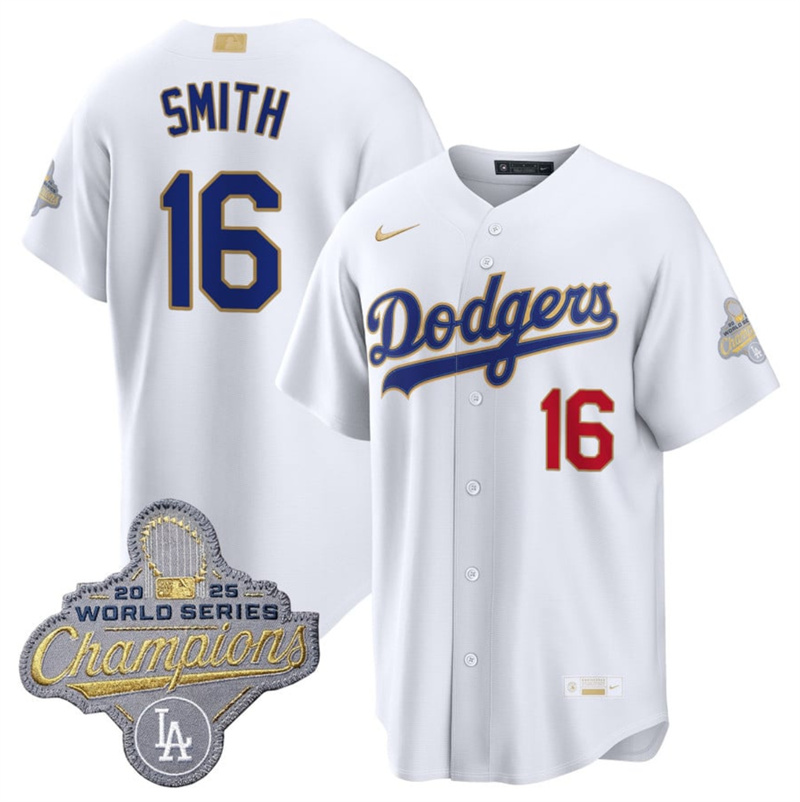 Men's Los Angeles Dodgers #16 Will Smith White 2026 Gold Collection Stadium Stitched Baseball Jersey Men's Los Angeles Dodgers #16 Will Smith White 2026 Gold Collection Stadium Stitched Baseball Jersey