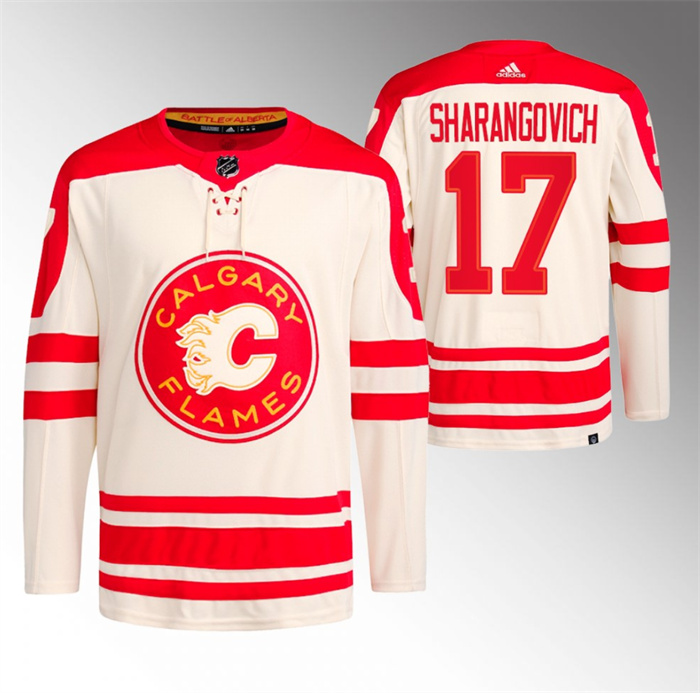 Men's Calgary Flames #17 Yegor Sharangovich 2023 Cream Heritage Classic Primegreen Stitched Jersey