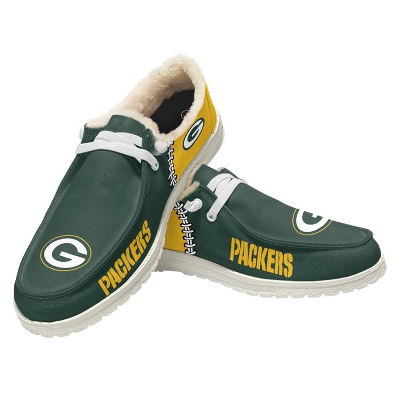 Men's Green Bay Packers Loafers Lace Up Fuzzy Lined Shoes 001 (Pls check description for details)