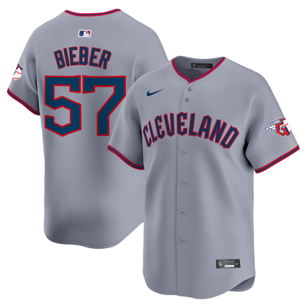 Men's Cleveland Guardians #57 Shane Bieber Grey 2025 Alternate Limited Stitched Baseball Jersey Men's Cleveland Guardians #57 Shane Bieber Grey 2025 Alternate Limited Stitched Baseball Jersey