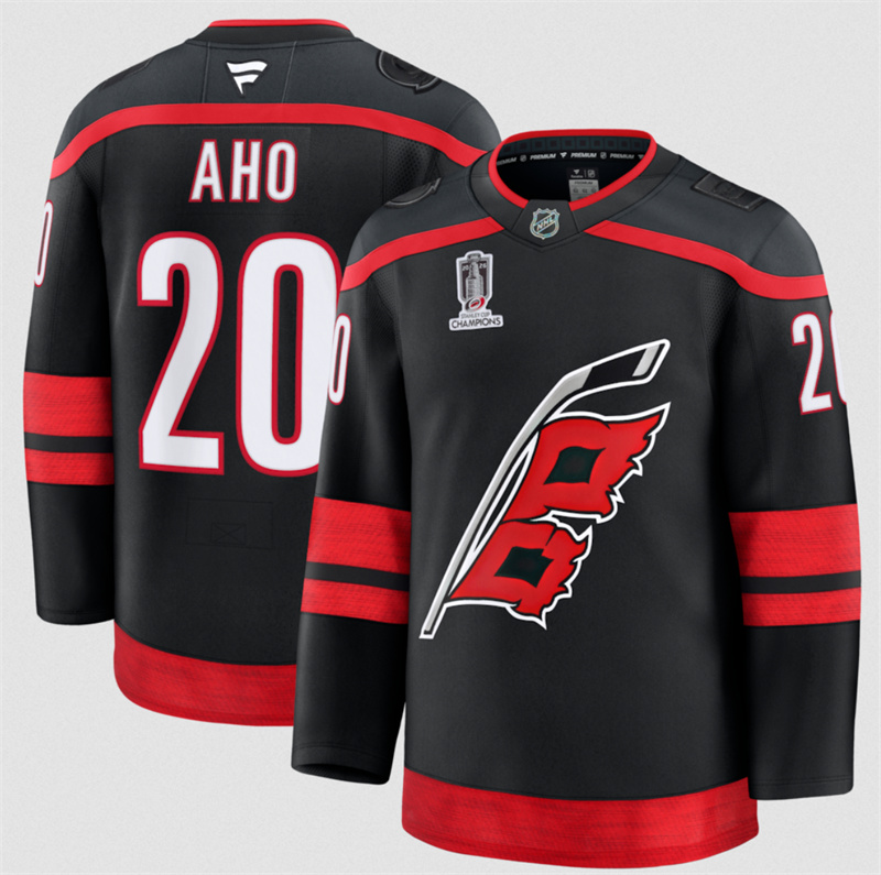 Men's Carolina Hurricanes #20 Sebastian Aho Black 2026 Stanley Cup Champions Home Stitched Hockey Jersey