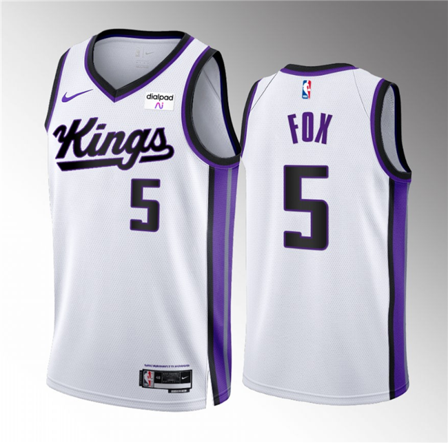 Men's Sacramento Kings #5 De’Aaron Fox White 2023/24 Association Edition Swingman Stitched Basketball Jersey
