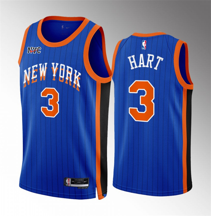 Men's New Yok Knicks #3 Josh Hart Blue 2023/24 City Edition Stitched Basketball Jersey Men's New Yok Knicks #3 Josh Hart Blue 2023/24 City Edition Stitched Basketball Jersey