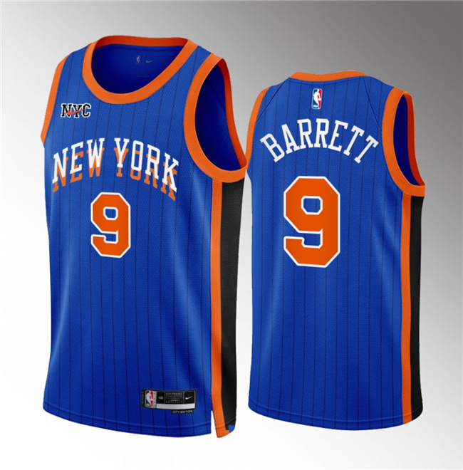 Men's New Yok Knicks #9 RJ Barrett Blue 2023/24 City Edition Stitched Basketball Jersey Men's New Yok Knicks #9 RJ Barrett Blue 2023/24 City Edition Stitched Basketball Jersey
