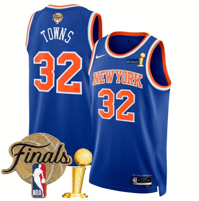 Men's New Yok Knicks #32 Karl-Anthony Towns Blue 2026 Finals Patch And Finals Champions Patch Icon Edition Stitched Basketball Jersey Men's New Yok Knicks #32 Karl-Anthony Towns Blue 2026 Finals Patch And Finals Champions Patch Icon Edition Stitched Basketball Jersey