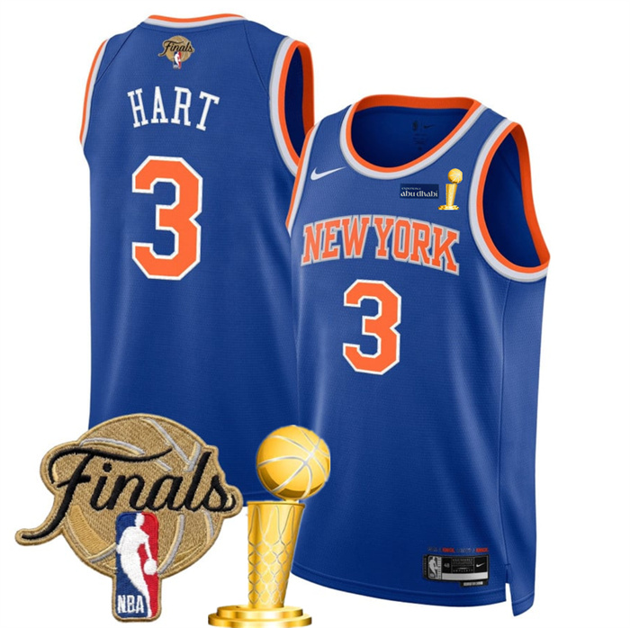 Men's New Yok Knicks #3 Josh Hart Blue 2026 Finals Patch And Finals Champions Patch Icon Edition Stitched Basketball Jersey Men's New Yok Knicks #3 Josh Hart Blue 2026 Finals Patch And Finals Champions Patch Icon Edition Stitched Basketball Jersey