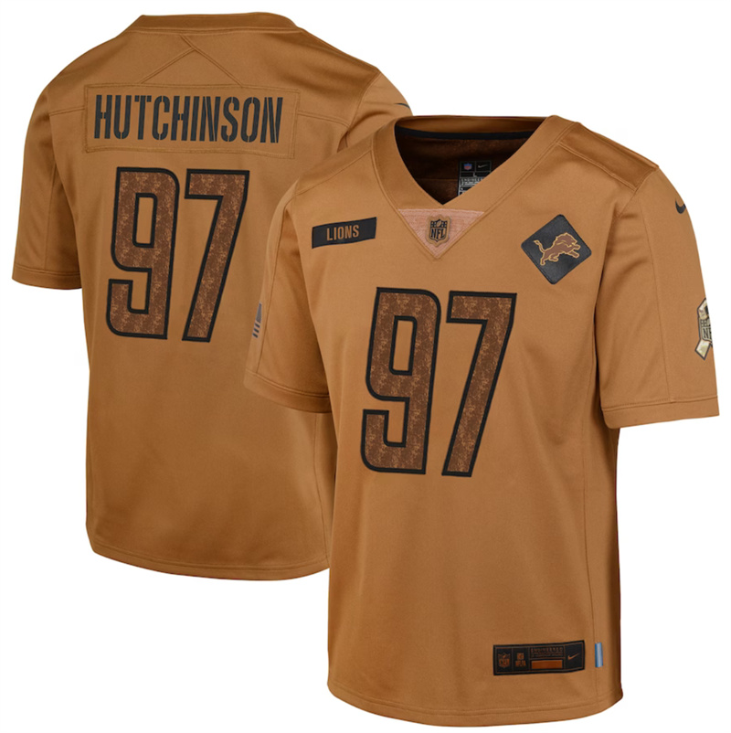 Youth Detroit Lions #97 Aidan Hutchinson 2023 Brown Salute To Service Limited Stitched Football Jersey Youth Detroit Lions #97 Aidan Hutchinson 2023 Brown Salute To Service Limited Stitched Football Jersey